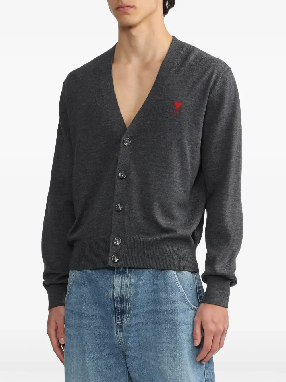 AMI Paris Ami De Coeur Merino Wool Cardigan Grey - Image 3