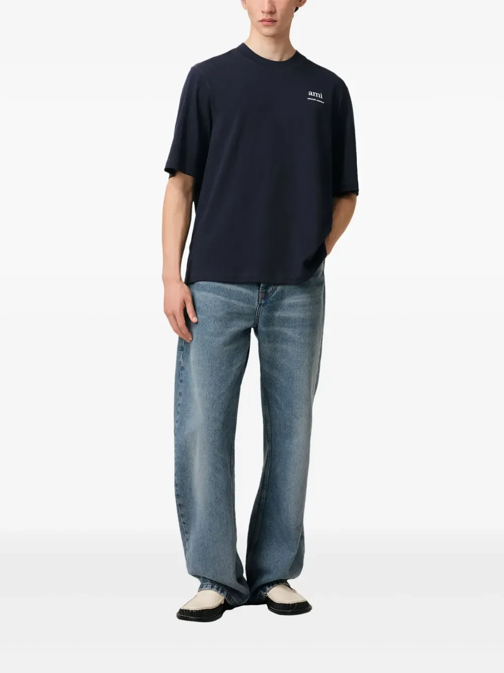 AMI Paris Ami de Coeur Logo-Embroidered T-Shirt Navy - Image 2
