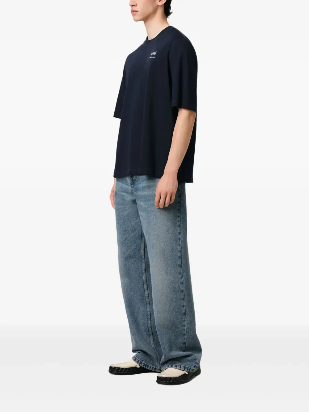 AMI Paris Ami de Coeur Logo-Embroidered T-Shirt Navy - Image 3