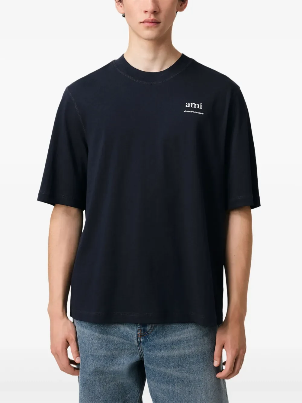 AMI Paris Ami de Coeur Logo-Embroidered T-Shirt Navy - Image 5