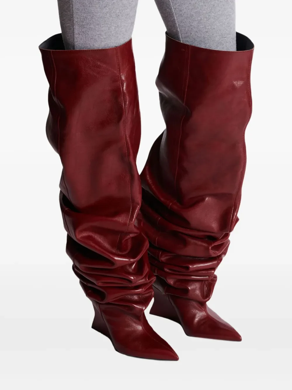 Balmain Calfskin Ruched Wedge Over-The-Knee Boots - Dark Red - Image 5
