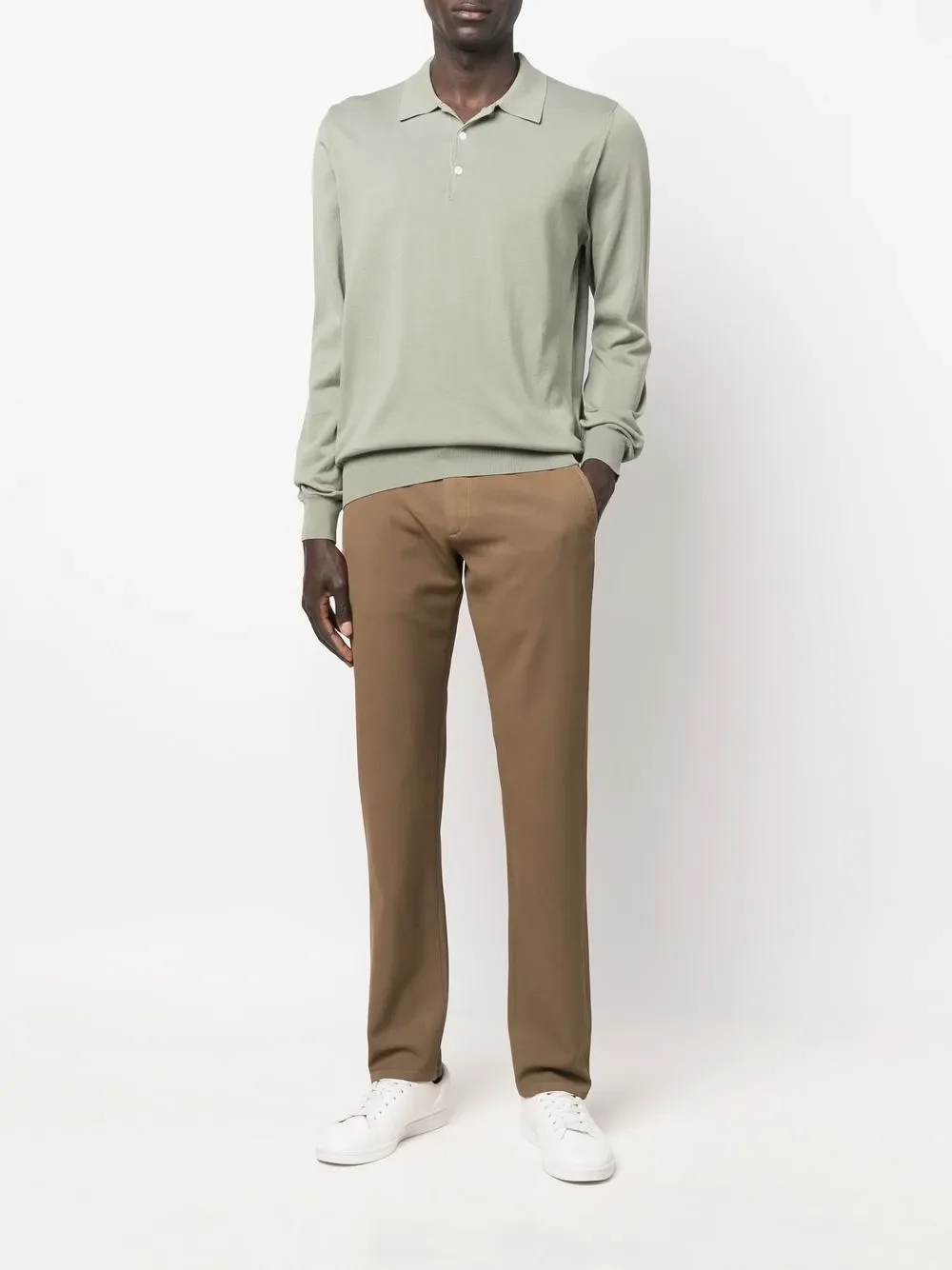 Canali Long-Sleeve Cotton Polo Jumper in Light Green - Image 2