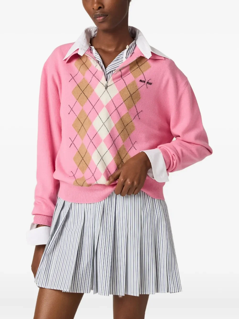 Miu Miu Argyle Intarsia-Knit Half-Zip Sweater Pink - Image 2