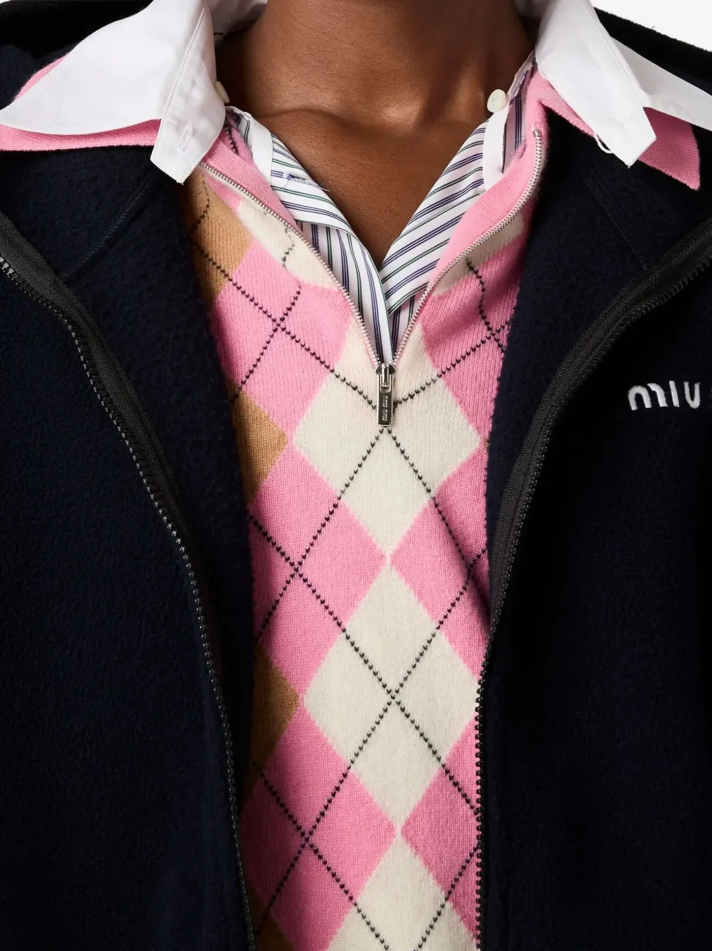 Miu Miu Argyle Intarsia-Knit Half-Zip Sweater Pink - Image 4