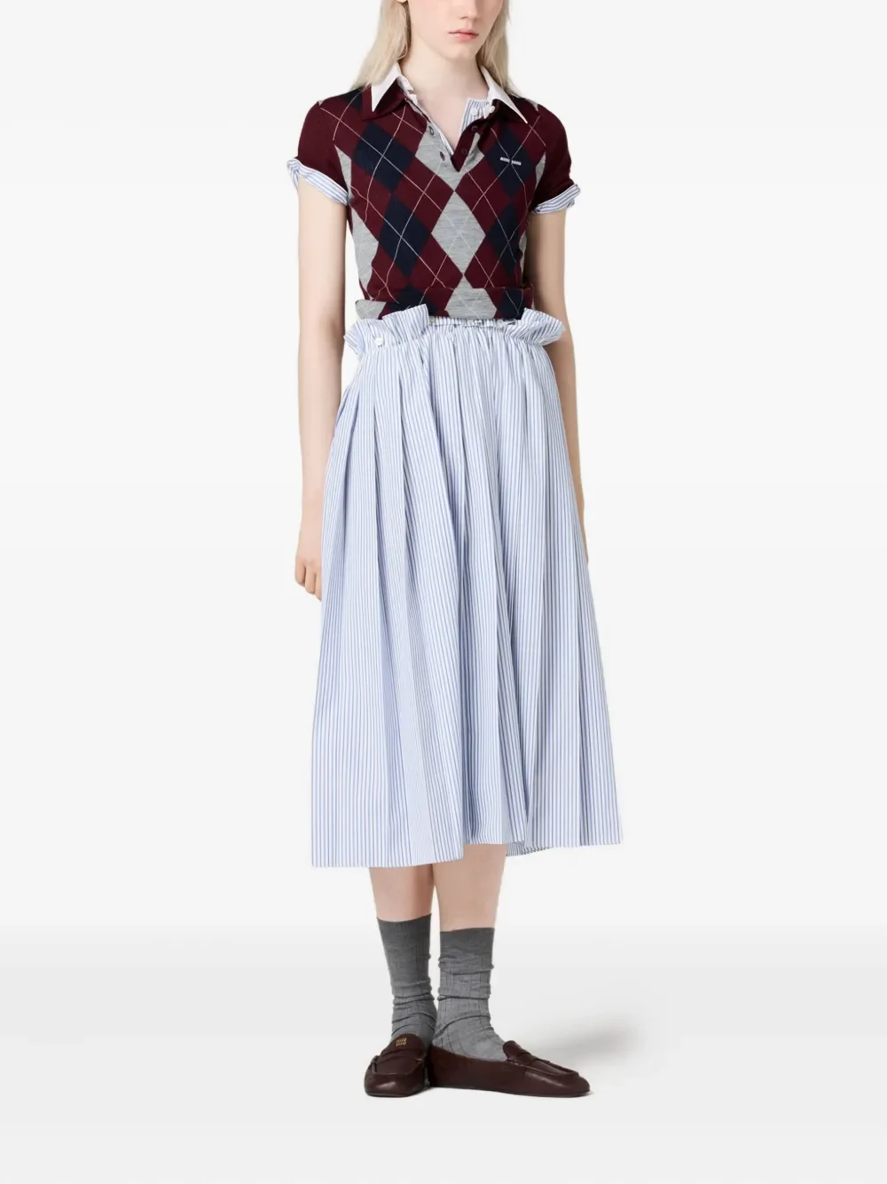 Miu Miu Argyle Intarsia-Knit Sweater in Burgundy Red - Image 2